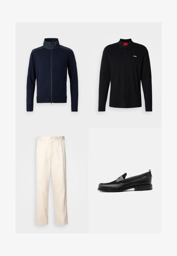 Marineblaues Zip-Jackett mit hohem Kragen, elastischen Bündchen und strukturierten Schulterakzenten. Hergestellt aus einem gestrickten Stoff mit glatten Details.; Schwarzes Longsleeve-Polohemd aus Baumwolle mit rotem Kragen und Drei-Knopf-Leiste, ausgestattet mit einem weißen "HUGO"-Logo auf der Brust.; Beige Baumwollhose mit geradem Bein, ausgestattet mit einem Knopfverschluss und Falten an der Vorderseite für zusätzliche Details.; Schwarzer Lederloafer mit grauem Riemendetail, niedrigem Absatz und strukturierter Sohle, seitlich mit „HUGO“ in Gold gebrandmarkt.