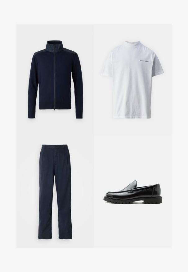 Marineblaues Zip-Jackett mit hohem Kragen, elastischen Bündchen und strukturierten Schulterakzenten. Hergestellt aus einem gestrickten Stoff mit glatten Details.; Weißes Baumwoll-T-Shirt mit hohem Ausschnitt und kurzen Ärmeln. Mit schwarzem "SAMSØE SAMSØE" Logo auf der Vorderseite. Glatte Textur.; Marineblaue Hose aus Baumwollmischung. Verfügt über einen geraden Schnitt, einen vorderen Knopfverschluss und dezente Falten. Glatte Textur.; Schwarzer Lederloafer mit grober Gummisohle, genähter Oberseite und geprägtem Markennamen an der Ferse, seitlich auf weißem Hintergrund gezeigt.