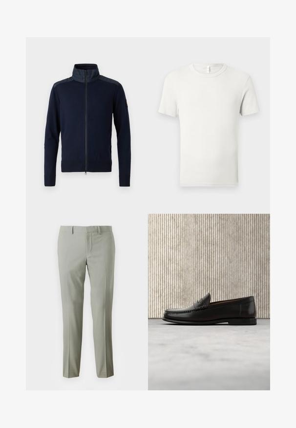 Marinekleurige zip-up jas met een hoge kraag, elastische manchetten en gestructureerde schouderaccenten. Gemaakt van gebreide stof met gladde details.; Effen witte korte mouw T-shirt met ronde hals plat gelegd op een lichtgrijze achtergrond met een klein stoffen label bij de kraag.; Lichtgrijze broek met een getailleerde pasvorm, gemaakt van soepele stof, met rechte pijpen en een eenvoudige tailleband zonder zichtbare hardware.; Zwarte leren penny loafer met lage hak, afgeronde neus en gestikte details langs de voorkant en zijkanten, afgebeeld op een neutrale achtergrond.