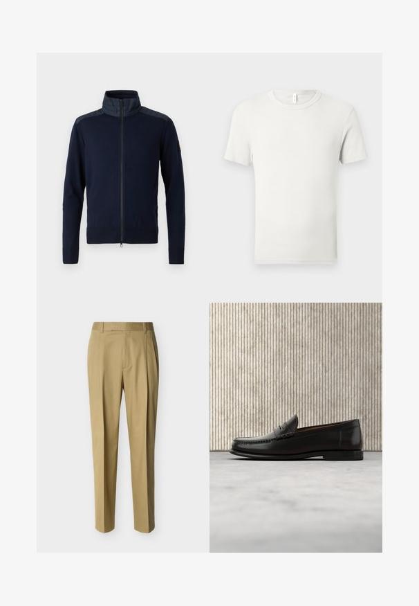 Marinekleurige zip-up jas met een hoge kraag, elastische manchetten en gestructureerde schouderaccenten. Gemaakt van gebreide stof met gladde details.; Effen witte korte mouw T-shirt met ronde hals plat gelegd op een lichtgrijze achtergrond met een klein stoffen label bij de kraag.; Beige op maat gemaakte broek met taillebandlussen en een voorste plooi, weergegeven tegen een effen lichte achtergrond.; Zwarte leren penny loafer met lage hak, afgeronde neus en gestikte details langs de voorkant en zijkanten, afgebeeld op een neutrale achtergrond.