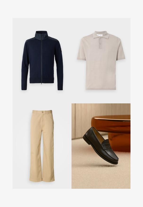 Marinekleurige zip-up jas met een hoge kraag, elastische manchetten en gestructureerde schouderaccenten. Gemaakt van gebreide stof met gladde details.; Korte mouwen polo in lichtbeige katoen, met een klassieke kraag, twee-knopen sluiting en een gladde, gestructureerde afwerking.; Beige, wijde broek gemaakt van een katoenmix. Voorzien van een knoopsluiting en riemlussen. Soepele textuur, met minimale stikseldetails.; Zwarte leren loaferschoen zwevend boven een beige tapijt met amberkleurige moderne meubels op de achtergrond.