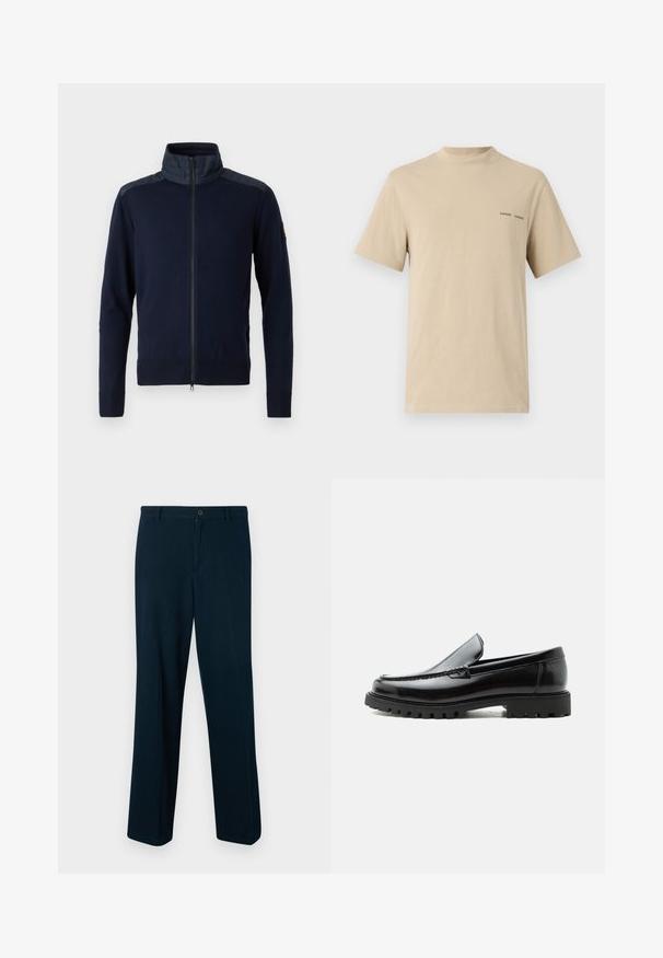 Marineblaues Zip-Jackett mit hohem Kragen, elastischen Bündchen und strukturierten Schulterakzenten. Hergestellt aus einem gestrickten Stoff mit glatten Details.; Beige Baumwoll-T-Shirt mit rundem Ausschnitt und kurzen Ärmeln. Mit dezentem schwarzen "SAMSOE"-Textlogo auf der Brust.; Marineblaue Hose aus glattem Stoff mit Knopfverschluss, geradem Bein und minimaler Gestaltung.; Schwarzer Lederloafer mit grober Gummisohle, genähter Oberseite und geprägtem Markennamen an der Ferse, seitlich auf weißem Hintergrund gezeigt.
