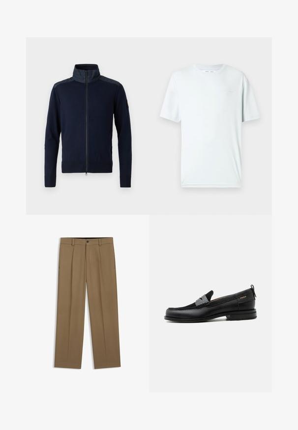 Tumed zip-up jakk, millel on kõrge krae, elastsed mansetid ja tekstureeritud õlavarre aktsendid. Valmistatud siledast kangast, millel on sujuvad detailid.; Hele sinine puuvillane t-särk ümmarguse kaelusega, lühikeste varrukatega ja minimalistliku tikandiga rinnal. Sile tekstuur, lihtne disain.; Pruunid sirgete jalaosaga püksid, vöökandade, eesmine nööp ja luku sulgemine, tasapinnaliselt valgel taustal esitatud.; Must nahast loafer halli rihma detailiga, madala kand ja tekstuurse tallaga, külgedel kuldse "HUGO" brändiga.