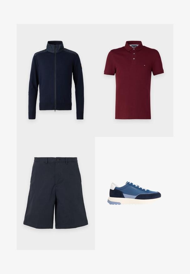 Marineblaues Zip-Jackett mit hohem Kragen, elastischen Bündchen und strukturierten Schulterakzenten. Hergestellt aus einem gestrickten Stoff mit glatten Details.; Bordeauxfarbener Polo-Shirt aus Baumwolle, mit klassischem Kragen, einer Drei-Knopf-Leiste und einem kleinen Logo-Akzent auf der Brust.; Marineblaue Shorts aus Baumwolle, mit Knopfverschluss, seitlichen Taschen und geradem Bein. Der Stoff hat eine weiche Textur.; Low-Top-Sneaker in Blautönen mit weißen Schnürsenkeln und Sohle, Calvin Klein Branding an der Seite, strukturierte Gummilaufsohle für besseren Halt.