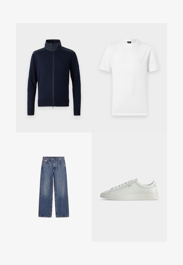 Marineblå zip-up jakke med høj krave, elastiske ærmer og teksturerede skulderdetaljer. Fremstillet af et strikket stof med glatte detaljer.; Hvid T-shirt med korte ærmer og rund hals med subtil vertikal ribbet struktur, vist mod en ensfarvet lys grå baggrund.; Blå straight-leg denimjeans med frontlommer, bæltestropper og knaplukning, lagt fladt på en hvid baggrund.; Hvid lavtop lædersneakers med snørebånd, flad sål og lille gyldent "BOSS" logo på siden, set fra ydersiden.
