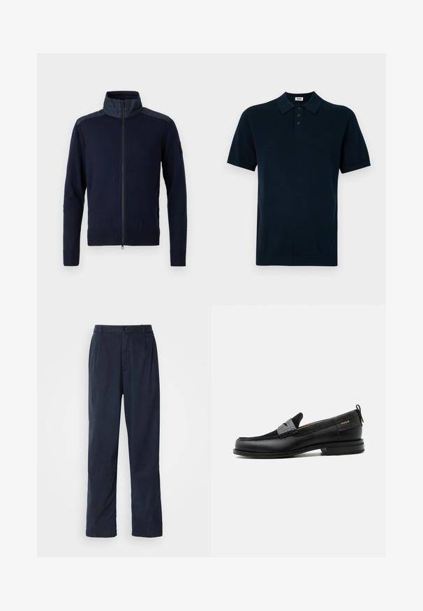 Marineblå zip-up jakke med høj krave, elastiske ærmer og teksturerede skulderdetaljer. Fremstillet af et strikket stof med glatte detaljer.; Marineblå polo T-shirt med korte ærmer, der har et tekstureret stof, tre-knaps placket og strikket krave og manchetter.; Mørkeblå bukser lavet af en bomuldsblanding. Har et lige ben design, en frontknaplukning og diskrete plisser. Glat tekstur.; Sort læderloafer med grå remdetalje, lav hæl og tekstureret sål, mærket med "HUGO" i guld på siden.