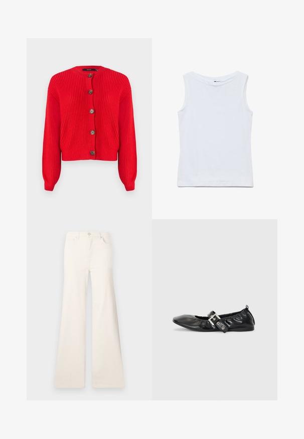 Cárdigan de punto rojo con cuello redondo, mangas largas y cinco grandes botones marrones en la parte delantera. Diseño corto y tejido texturizado.; Camiseta blanca sin mangas de algodón con un amplio escote redondo y dobladillo recto, mostrada extendida sobre un fondo blanco.; ONLY Wide-fit ONLMADISON High waist Wide Leg Fit - Pernera ancha - ecru; Zapato plano de piel negra con puntera afilada, detalle fruncido alrededor de la abertura y un acento de hebilla plateada en la correa ajustable.