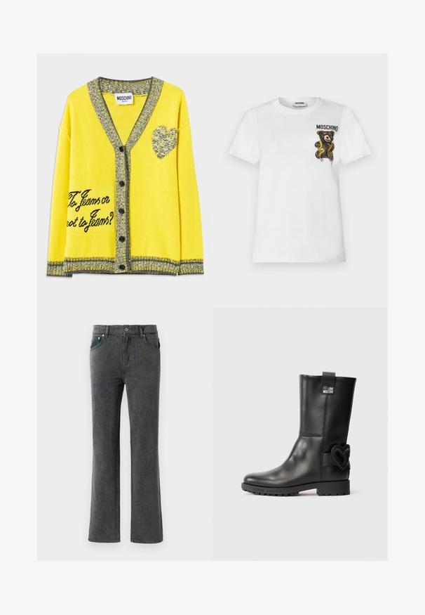 Gul strikket cardigan med grå detaljer, har et hjerte design og teksten "To jeans eller ikke to jeans?" på venstre lomme. Seks sorte knapper.; Hvid t-shirt med korte ærmer med en lille brun teddybjørn indpakket i et gult målebånd og tekst "MOSCHINO" på øverste venstre bryst.; Grå denim flared jeans med et falmet vask, fem lommer, bæltestropper og en enkelt knaplukning. Blød tekstur og lige ben-design.; Sort læderstøvle til midt på læggen med kraftig sål, "Love Moschino"-label nær toppen, og hjerteformet udsmykning på ydersiden nær hælen.