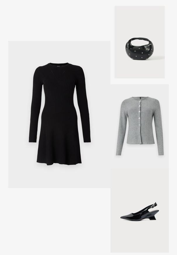 Cardigan long gris à manches longues, col rond, comportant cinq boutons transparents sur le devant, fabriqué en matériau tricot doux avec une texture lisse.; Robe noire à manches longues, en maille côtelée, avec un corsage ajusté et une jupe évasée. Dotée d'un col rond et d'un tissu texturé avec des lignes verticales.; Chaussure slingback en cuir verni noir avec bout pointu et petit talon bloc incliné sur fond clair uni.; Sac à main en cuir noir de forme arrondie, décoré de clous argentés et équipé d'une poignée courte. Texture lisse et fermeture éclair.