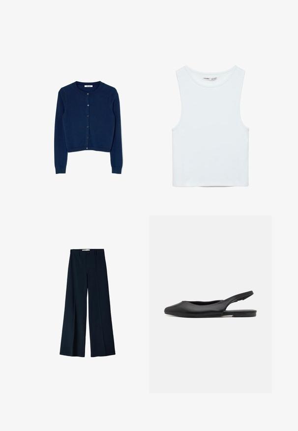Navyblå strikket cardigan med lange ærmer, rund halsudskæring og seks-knaps lukning foran. Har ribbede manchetter og nederste kant.; Hvid ærmeløs crop top med rund halsudskæring, lavet af glat stof, mærket Pull&Bear, egnet til afslappet brug.; Marineblå bredbensbukser lavet af et glat stof, med to frontfoldninger og en enkelt knaplukning i taljen.; Sorte læder slingback sko med spidse tæer, flad hæl og buet udskæringsdesign. Glat overflade og minimalistisk stil.