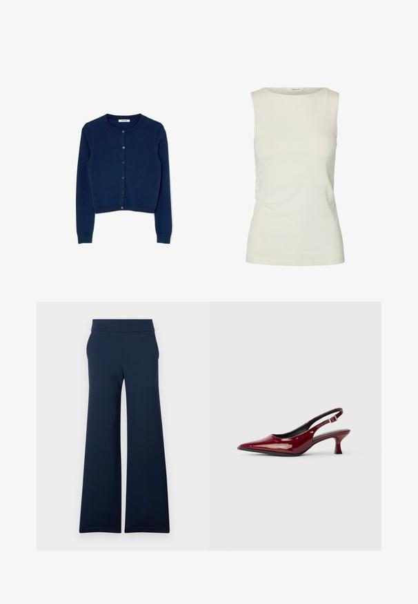 Cárdigan de punto azul marino con mangas largas, escote redondo y cierre frontal de seis botones. Presenta puños y dobladillo acanalados.; Camiseta sin mangas blanca lisa con escote redondo, hecha de tela lisa, mostrada sobre un fondo blanco.; Pantalones de pierna ancha en azul marino con cintura ajustada y pliegue delantero, exhibidos sobre un fondo blanco liso.; Zapatos de tacón slingback de charol burdeos con puntera afilada y elegante tacón de aguja. Diseño de espalda abierta con detalle de tira ajustable en el tobillo.