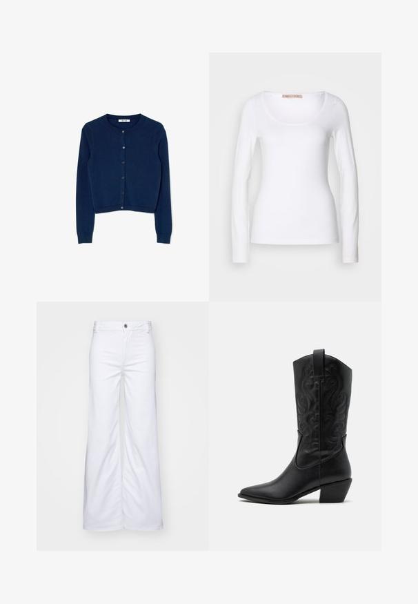Navyblå strikket cardigan med lange ærmer, rund halsudskæring og seks-knaps lukning foran. Har ribbede manchetter og nederste kant.; Langærmet hvid bomulds T-shirt med rund halsudskæring og tætsiddende design, med glat tekstur og uden udsmykninger.; Hvide bredde benbukser lavet af denim, med knaplukning og bæltestropper. Glat tekstur med ren syning og uden mønstre.; Sorte læder cowboystøvler med spids tå, præget svungen mønster og en mid-højde hæl. Har en trækflap for nemt at tage på.