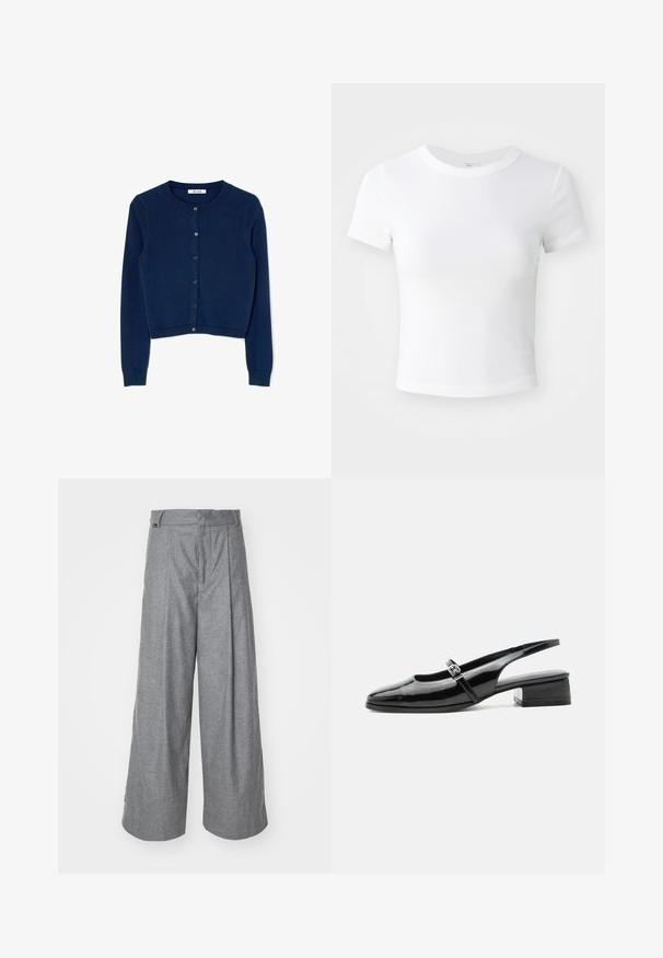 Navyblå strikket cardigan med lange ærmer, rund halsudskæring og seks-knaps lukning foran. Har ribbede manchetter og nederste kant.; Simpel hvid kortærmet cropped t-shirt med rund halsudskæring, præsenteret på en neutral lys baggrund.; Grå vidde bukser lavet af blødt stof, med høj talje, frontfolder og et diskret logo-tag på taljebåndet.; Sort laklæderslingback-sko med lav blokhæl og tynd rem med sølvspænde over toppen.