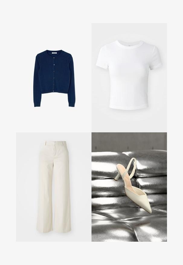 Navyblå strikket cardigan med lange ærmer, rund halsudskæring og seks-knaps lukning foran. Har ribbede manchetter og nederste kant.; Simpel hvid kortærmet cropped t-shirt med rund halsudskæring, præsenteret på en neutral lys baggrund.; Bredde ben-bukser i en lys beige farve, lavet af et glat stof. Har en klassisk talje og flad front med rene linjer.; Enkelt hvid spids slingback højhælet sko liggende på en skinnende, metallisk sølv tuftet overflade.