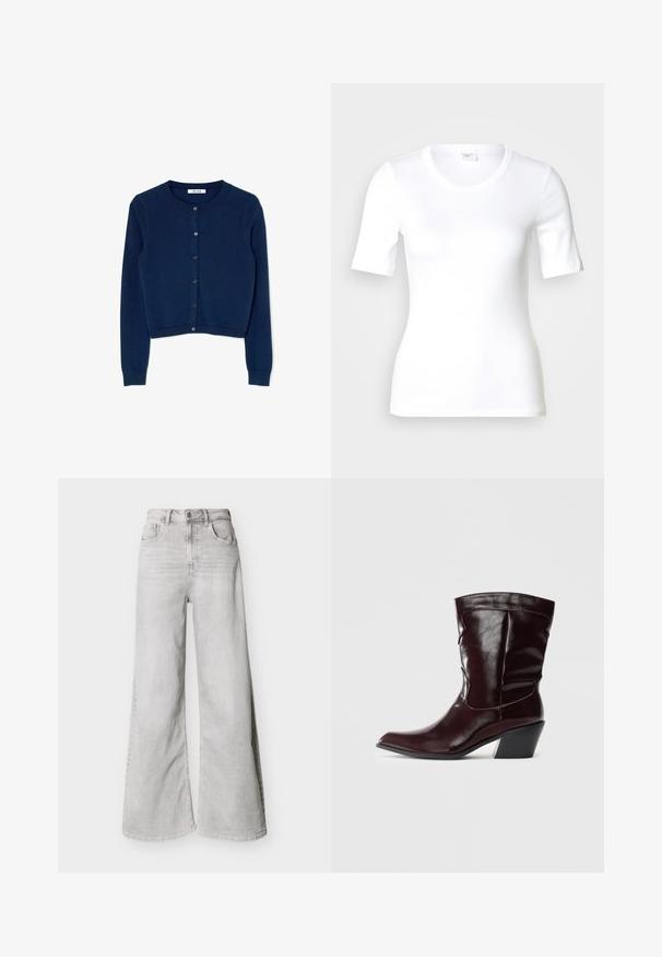Navyblå strikket cardigan med lange ærmer, rund halsudskæring og seks-knaps lukning foran. Har ribbede manchetter og nederste kant.; Hvid T-shirt med korte ærmer lavet af glat bomuld, med rund halsudskæring og en tætsiddende pasform. Klassisk design uden mønstre eller detaljer.; Lysegrå jeans med vid ben lavet af denim, med høj talje, forlommer og knaplukning. Glat tekstur med et diskret falmet look.; Bordeaux læder ankelstøvler med spids tå, tekstureret overflade og en lav, taperet hæl. Har diskrete søm og en tætsiddende pasform.