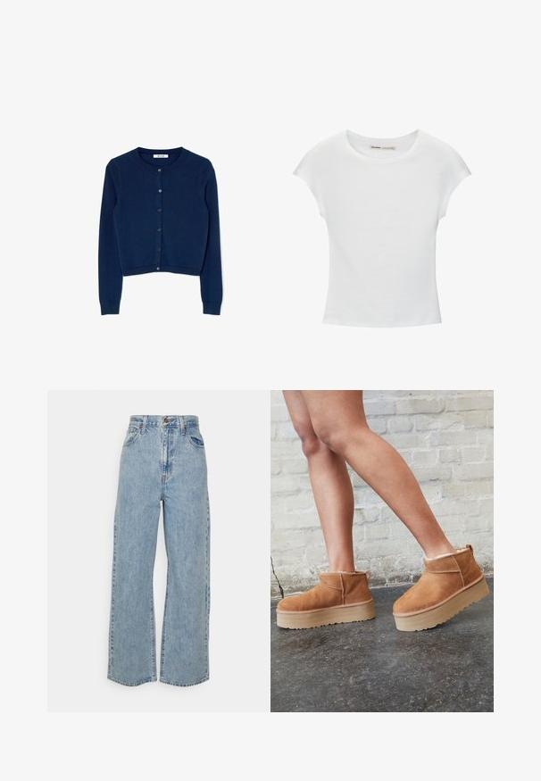 Gilet en tricot bleu marine à manches longues, col rond et fermeture à six boutons à l'avant. Doté de poignets et d'un ourlet côtelés.; T-shirt en coton blanc avec manches courtes retroussées, encolure ronde et ourlet droit. Texture lisse sans motifs ni accents visibles.; Jean en denim bleu clair à taille haute, à jambes larges, avec fermeture à bouton et zip à l'avant, et design à cinq poches sur fond uni.; Bottines en suède marron avec une doublure en peluche, semelle épaisse en beige et une poignée à l'arrière. Surface texturée avec des détails de couture visibles.