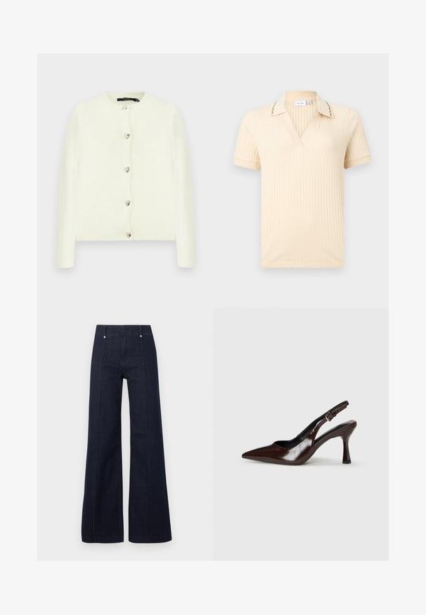 Cardigan blanc en matière douce avec un col rond, doté de six boutons argentés en forme de cœur sur le devant et de poignets côtelés.; Chemise crème à manches courtes en tricot côtelé avec un col en V, un col comportant des coutures décoratives subtiles et des manches retroussées.; Jean bleu foncé taille haute à jambes larges avec coutures devant et passants pour ceinture sur un fond clair uni.; Talons slingback en cuir verni brun avec un bout pointu, un talon fin, et une sangle réglable avec une petite boucle.