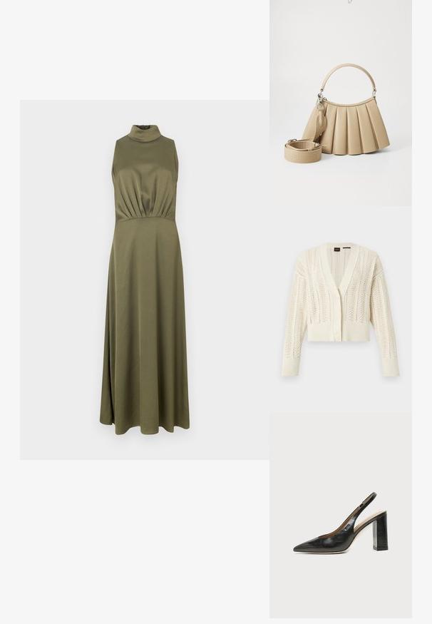 Cardigan en tricot couleur crème avec col en V, boutonnière à l'avant, manches longues, poignets et ourlet côtelés, présentant un motif de dentelle sur tout le vêtement.; Robe longue vert olive avec col haut, sans manches, et détail froncé à la taille, confectionnée dans un tissu lisse et extensible.; Chaussure slingback en cuir noir à bout pointu avec un talon bloc haut et une doublure intérieure beige sur un fond clair uni.; Lacoste LENGLEN BAG - Sac à main - viennois