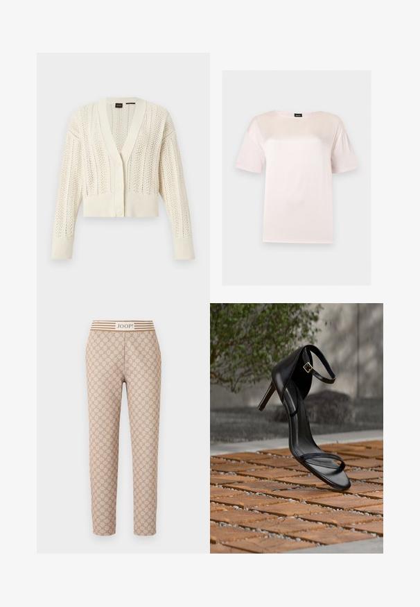 Cardigan en tricot couleur crème avec col en V, boutonnière à l'avant, manches longues, poignets et ourlet côtelés, présentant un motif de dentelle sur tout le vêtement.; T-shirt en coton rose clair à manches courtes avec un col rond et une étiquette noire de la marque BOSS à l'intérieur du col.; Pantalon ajusté beige avec un motif circulaire réparti sur toute la surface et une taille ornée de rayures horizontales avec le texte "JOOP!" au centre.; Sandale noire à talon haut avec sangle à la cheville, suspendue au-dessus d'un sol en carreaux de bois à l'extérieur, avec un arrière-plan flou de verdure et de pierre.