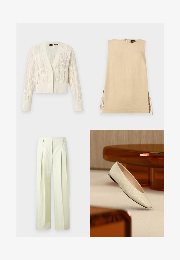 Cardigan en tricot couleur crème avec col en V, boutonnière à l'avant, manches longues, poignets et ourlet côtelés, présentant un motif de dentelle sur tout le vêtement.; Robe beige sans manches avec fentes latérales nouées par des nœuds, col montant et fermeture éclair au dos avec étiquette de la marque Boss visible.; Pantalon ample couleur crème avec fines rayures verticales, plis à l'avant, poches latérales, et passants pour ceinture.; Chaussure plate beige avec des perforations géométriques flottant au-dessus d'un tapis clair dans une pièce avec des meubles de couleur ambre.