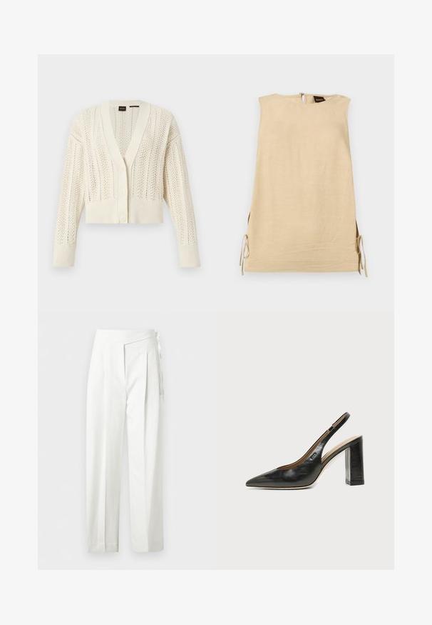 Cardigan en tricot couleur crème avec col en V, boutonnière à l'avant, manches longues, poignets et ourlet côtelés, présentant un motif de dentelle sur tout le vêtement.; Robe beige sans manches avec fentes latérales nouées par des nœuds, col montant et fermeture éclair au dos avec étiquette de la marque Boss visible.; Pantalon blanc taille haute avec plis et détail de nœud sur le côté, coupe droite et fermeture cachée.; Chaussure slingback en cuir noir à bout pointu avec un talon bloc haut et une doublure intérieure beige sur un fond clair uni.