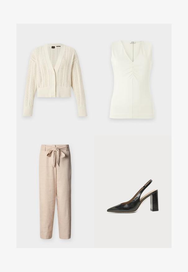 Cardigan en tricot couleur crème avec col en V, boutonnière à l'avant, manches longues, poignets et ourlet côtelés, présentant un motif de dentelle sur tout le vêtement.; Top sans manches avec un décolleté en V, fabriqué en tissu crème léger. Présente des détails froncés au centre et une silhouette ajustée.; Pantalon en lin beige clair avec une ceinture nouée, coupe droite et texture lisse. Caractérisé par des jambes larges et sans poches apparentes.; Chaussure slingback en cuir noir à bout pointu avec un talon bloc haut et une doublure intérieure beige sur un fond clair uni.