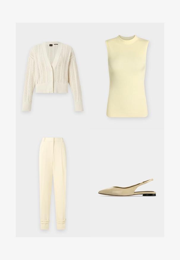 Cardigan en tricot couleur crème avec col en V, boutonnière à l'avant, manches longues, poignets et ourlet côtelés, présentant un motif de dentelle sur tout le vêtement.; Top sans manches en maille côtelée jaune pâle avec un col rond montant, silhouette ajustée et tissu doux texturé.; Pantalon tailleur crème taille haute avec plis, jambes fuselées et revers roulés aux chevilles, présenté sur un fond uni.; Chaussure plate beige à bout pointu avec bride arrière, petit talon noir et finition en cuir lisse, vue de côté sur un fond uni.