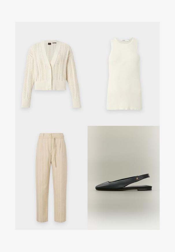 Cardigan en tricot couleur crème avec col en V, boutonnière à l'avant, manches longues, poignets et ourlet côtelés, présentant un motif de dentelle sur tout le vêtement.; Débardeur sans manches couleur crème en tissu côtelé, avec un col rond et une coupe près du corps. Aucun motif ni accent visible.; Pantalon beige à rayures avec une coupe décontractée, présentant une taille cintrée, une fermeture à bouton et une ceinture à nouer, fabriqué à partir d'un tissu léger.; Chaussure plate noire en cuir à bride arrière avec bout pointu et accent logo doré sur la bride, présentée sur un fond neutre.