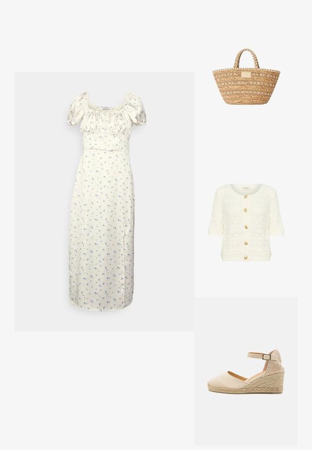 Cardigan de punto color crema, con mangas cortas, escote redondeado y cinco botones dorados en la parte delantera. Patrón abierto texturizado por toda la prenda.; NA-KD SHORT PUFFY SLEEVE MIDI DRESS - Vestido informal - spaced blue; Espadrilles de cuña de lona beige con un panel trasero texturizado, correa en el tobillo y suela de yute trenzado. Punta redondeada y tacón plano.; Bolso tote tejido de paja con asas trenzadas y patrones horizontales decorativos en tonos beige natural.