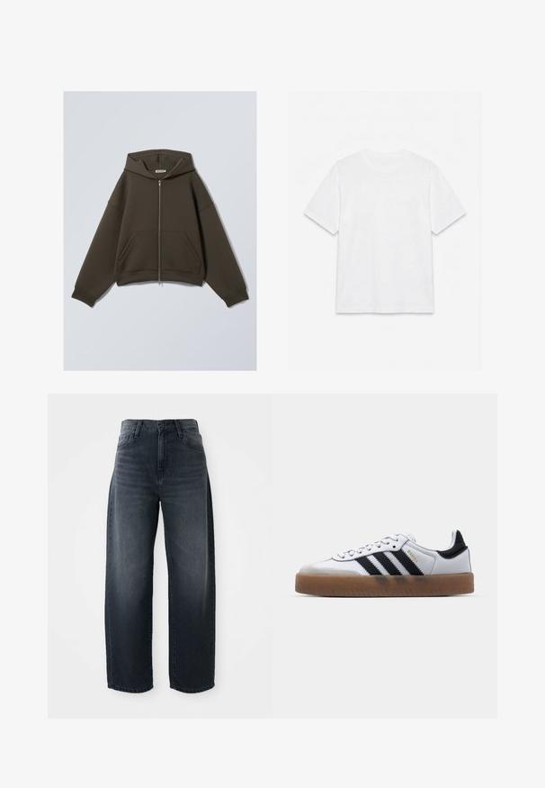 Haut à capuche zippé d'un vert foncé, avec deux poches avant et des manches larges. Fabriqué en tissu doux et texturé avec une coupe décontractée.; T-shirt blanc uni à manches courtes et col rond, posé à plat sur un fond blanc.; Jeans évasés en denim indigo, avec une taille haute, une fermeture classique à bouton et glissière, et un délavage subtil sur le devant.; Baskets en cuir blanc avec des rayures noires, semelle extérieure en caoutchouc beige, bout rond, fermeture lacée et embout en suède gris doux.