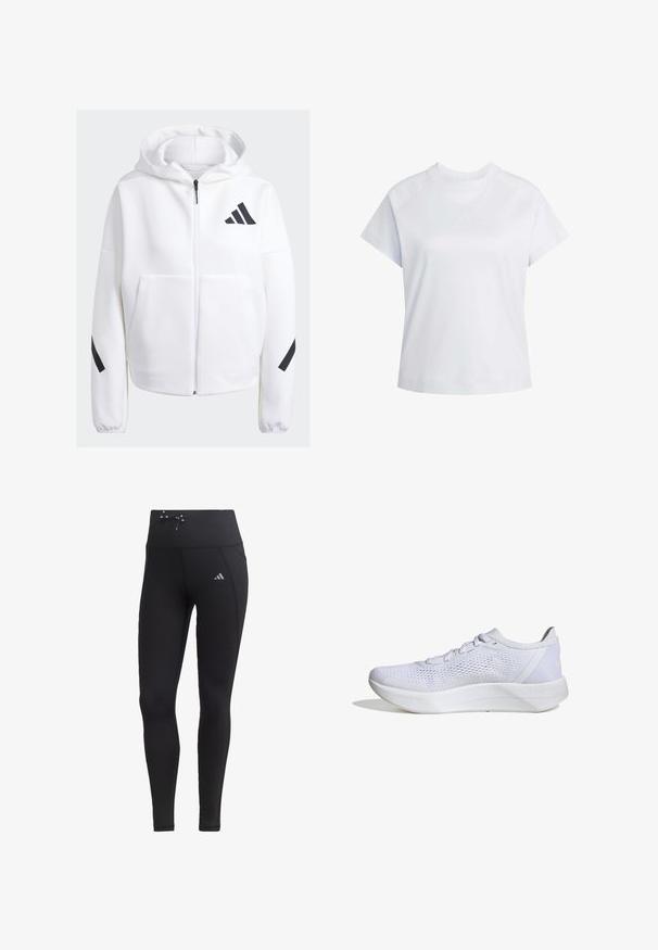 Weißer Reißverschluss-Hoodie mit schwarzen Akzenten, großen Fronttaschen, weichem Textilgewebe und lockerer Passform. Mit Kapuze und Markenlogo auf der Brust.; Schlichtes weißes T-Shirt mit kurzen Ärmeln und Rundhalsausschnitt, mit dezentem Logo geprägt auf der Brust, dargestellt auf weißem Hintergrund.; Schwarze Leggings mit hohem Taillenbund, Kordelzugdetails und Seitentaschen. Hergestellt aus glattem Stoff mit reflektierendem Logo-Akzent.; Weißer Sportschuh mit atmungsaktivem Mesh-Obermaterial, Schnürdesign, gepolstertem Kragen und einer strukturierten Gummisohle für besseren Halt.