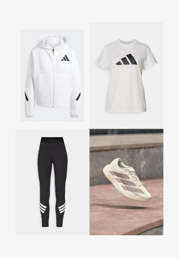 Sudadera blanca con cremallera y detalles en negro, grandes bolsillos frontales, tejido suave y texturizado, y un corte relajado. Presenta una capucha y el logotipo de la marca en el pecho.; Camiseta atlética blanca de tejido suave. Presenta mangas cortas y un gran logotipo negro de Adidas con tres rayas debajo.; Leggings negros hechos de una tela elástica, con una cinturilla ancha y tres franjas blancas horizontales cerca de las pantorrillas.; Zapatilla de correr color crema con rayas topo flotando sobre una superficie de baldosas rojo pardusco y un fondo de piedra gris.