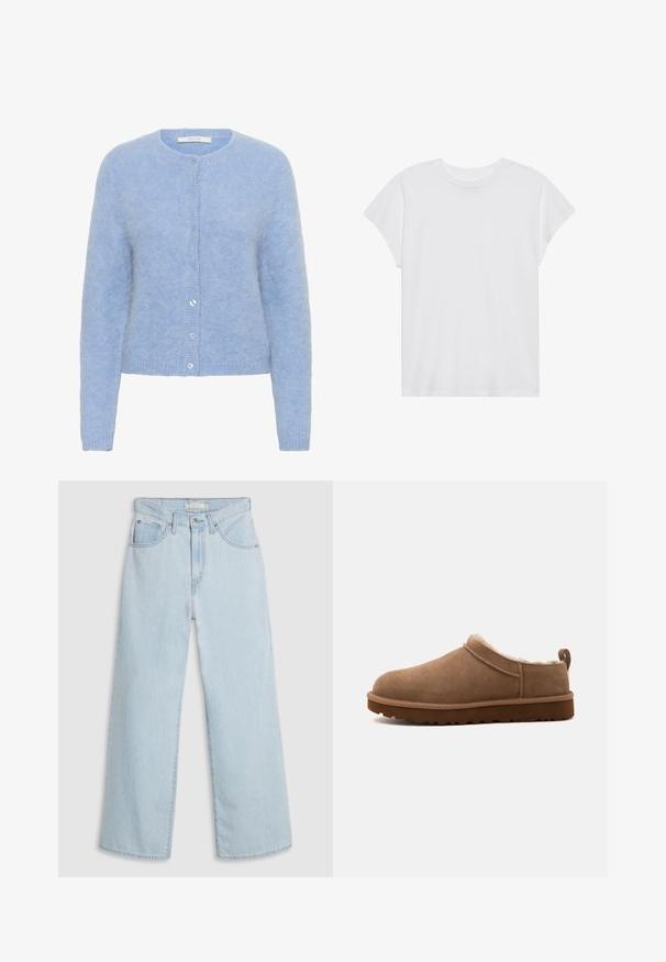 Lys blå cardigan lavet af blødt, tekstureret stof. Har en rund halsudskæring, lange ærmer og seks matchende knapper langs fronten.; Hvid kortærmet t-shirt med rund hals, afslappet pasform, lavet af blødt bomuldsstof. Glat tekstur, ingen mønstre eller logoer.; Lyseblå, vide jeans med høj talje, der har knap- og lynlås lukning, dobbelte forlommer foran og diskrete syningsdetaljer.; Brun ruskind slip-on hjemmesko med blødt innerfor og en tyk rilled sål, vist fra siden på en ensfarvet baggrund.