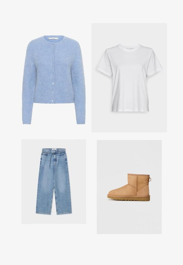 Lichtblauwe cardigan van zacht, gestructureerd stof. Beschikt over een ronde halslijn, lange mouwen en zes bijpassende knopen aan de voorkant.; Witte katoenen t-shirt met korte mouwen, ronde hals en een ontspannen pasvorm. Soepele textuur, zonder patroontjes of graphics, basisontwerp.; Lichtblauwe wijde jeans met hoge taille, knoop- en ritssluiting, voorzakken en een dunne koordceintuur.; Tan suède enkellaars met ronde neus, gestikte details, trekhaak aan de achterkant en een gestructureerde rubberen zool. Ontworpen voor comfort en warmte.