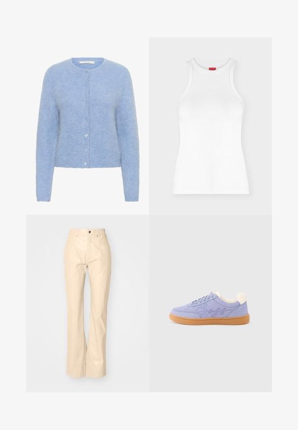 Lys blå cardigan lavet af blødt, tekstureret stof. Har en rund halsudskæring, lange ærmer og seks matchende knapper langs fronten.; Hvid ærmeløs ribbet tanktop med høj rund hals og tætsiddende pasform vist på en ensartet lys baggrund.; Beige faux læder fløjsbukser med en glat overflade, der har frontlommer, knaplukning og en subtil shiny finish.; Lyse lilla ruskindssneaker med hvid hælflap og gummisål. Har broderet mærkelogo på den laterale side og snøredesign.
