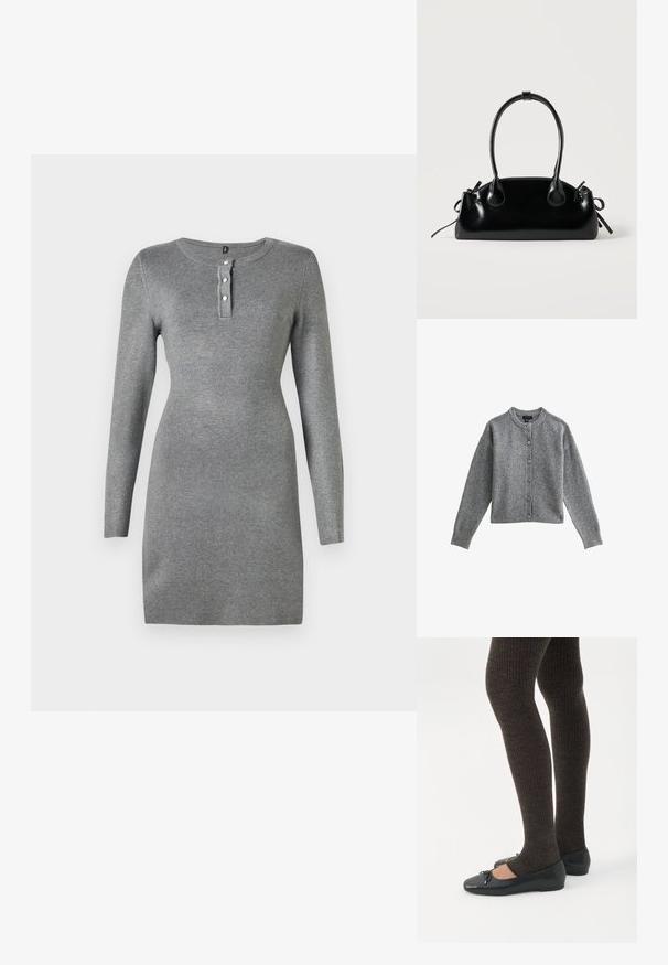 Cárdigan de punto gris con cuello redondo, mangas largas y cierre de botones en la parte delantera. Presenta puños y dobladillo acanalados, fabricado en un material suave.; Vestido gris de manga larga con forma ajustada, escote redondo y tapeta de tres botones. Tejido texturizado con un acabado suave.; Piernas con leggings oscuros acanalados combinados con bailarinas negras que presentan pequeños detalles de lazo sobre un fondo blanco.; Pequeño bolso negro brillante con dos asas largas y detalles de cordón lateral sobre un fondo claro liso.