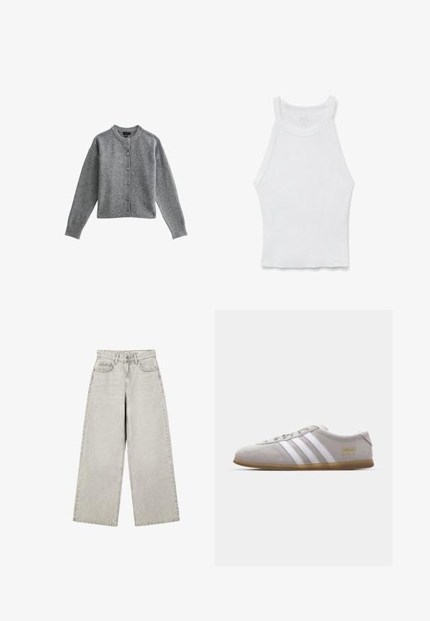 Grijze gebreide cardigan met een ronde halslijn, lange mouwen en sluiting met knopen aan de voorkant. Heeft ribgebreide manchetten en zoom, gemaakt van zacht materiaal.; Wit mouwloos geribd hemdje met hoge hals en aansluitende silhouet, plat neergelegd op een witte achtergrond.; Lichtgrijze jeans met wijde pijpen, voorknopen, riemlussen en voorzakken, plat gelegd op een witte achtergrond.; Grijze suede sneaker met witte leren strepen en gouden logo detail. Platte gum zool, ronde neus en klassiek vetersluitingssysteem.