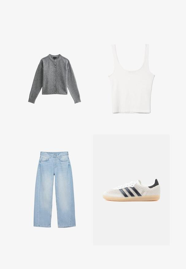 Gilet tricot gris avec un col rond, des manches longues et un bouton à l'avant. Présente des poignets et un ourlet côtelés, fabriqué en matériau doux.; Débardeur en coton blanc avec un décolleté arrondi, sans manches et ajusté. Texture lisse, design uni et détails de couture minimaux.; Jean large bleu clair avec bouton à l'avant, fermeture éclair, cinq poches, et détails légèrement délavés sur les cuisses.; Baskets en maille blanche avec un design à trois bandes noires, bout arrondi et semelle en caoutchouc gomme. Dotées d'un col de talon souple et d'une fermeture à lacets.