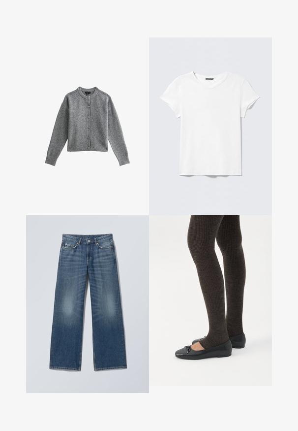 Cárdigan de punto gris con cuello redondo, mangas largas y cierre de botones en la parte delantera. Presenta puños y dobladillo acanalados, fabricado en un material suave.; Camiseta blanca lisa de manga corta y cuello en V, con una pequeña etiqueta "WEEKDAY" en el interior del cuello, mostrada sobre un fondo gris claro.; Vaqueros de mezclilla azul de corte recto con cinco bolsillos, trabillas para cinturón, cierre de botón y detalles desteñidos en la parte frontal de los muslos.; Piernas con leggings oscuros acanalados combinados con bailarinas negras que presentan pequeños detalles de lazo sobre un fondo blanco.