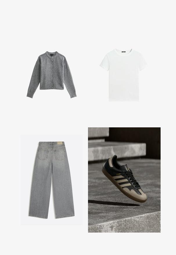 Gilet tricot gris avec un col rond, des manches longues et un bouton à l'avant. Présente des poignets et un ourlet côtelés, fabriqué en matériau doux.; T-shirt blanc uni à manches courtes avec un col rond et une petite étiquette noire à l’intérieur du col.; Jean en denim gris à jambes larges montrant l'arrière avec deux poches et des passants de ceinture, posé à plat sur fond blanc.; Baskets en cuir noir et beige avec trois bandes blanches, semelle en caoutchouc beige et détail en or "Samba" sur le côté.