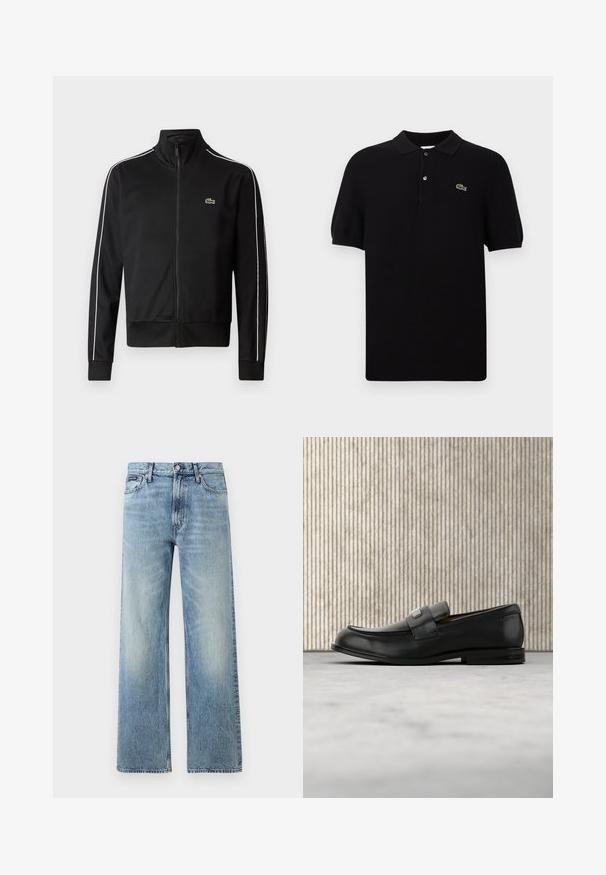 Schwarze Zip-Jacke aus glattem Stoff mit weißen Seitenstreifen und einem kleinen grünen Logo auf der Brust. Hoher Kragen.; Schwarzes Poloshirt aus Strickstoff mit klassischem Kragen, drei Knöpfen und einem grünen Krokodil-Logo auf der linken Seite. Mit kurzen Ärmeln.; Hellblaue Jeans mit geradem Bein, hohem Bund, fünf Taschen, Knopfverschluss und dezentem Verblassen an Oberschenkeln und Knien.; Schwarzer Lederloafer mit einer Metallmarkenplatte, der nahe einem braunen runden Tisch auf beigem Teppichboden ruht.