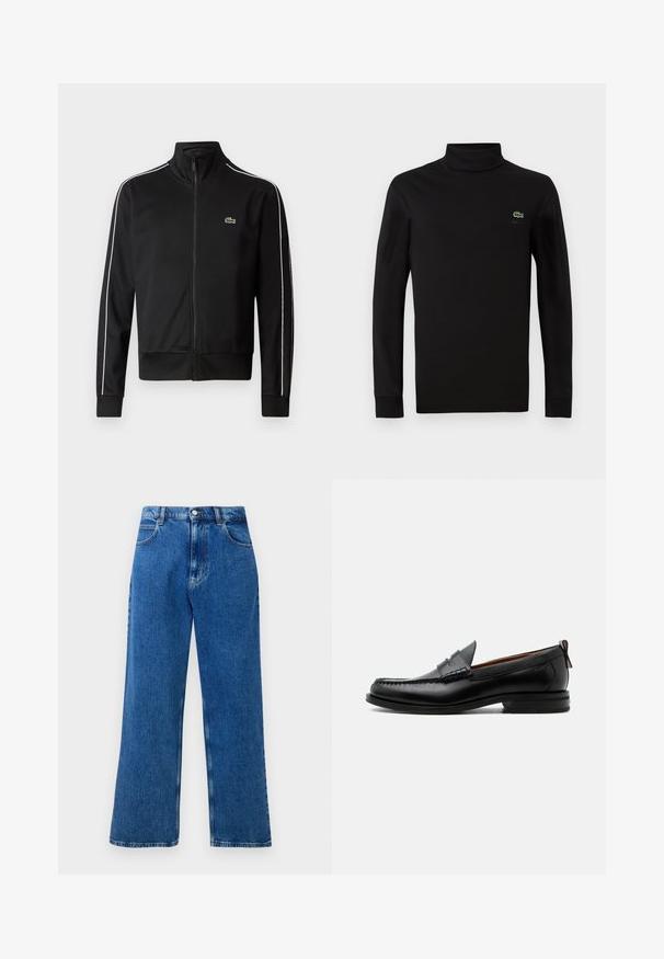 Schwarze Zip-Jacke aus glattem Stoff mit weißen Seitenstreifen und einem kleinen grünen Logo auf der Brust. Hoher Kragen.; Schwarzes langärmeliges Turtleneck aus glattem Baumwollstoff, mit einem kleinen grünen Krokodil-Logo auf der linken Brust.; Blaue hochgeschnittene, weit geschnittene Jeans aus Denim mit Frontknopf- und Reißverschluss, Gürtelschlaufen und fünf Taschen.; Schwarzer Leder-Herrenschuh mit Mokassinnaht, Penny-Riemen, strukturiertem Kragen und niedrigem gestapeltem Absatz auf weißem Hintergrund.
