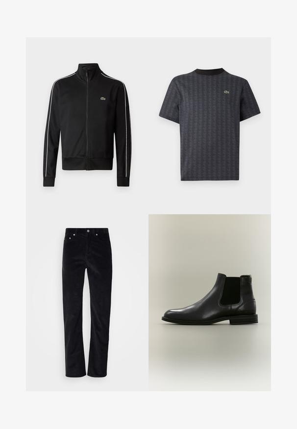 Zwarte zip-up sportjas van gladde stof, met witte zijstrepen en een klein groen logo op de borst. Hoge kraagontwerp.; Zwarte korte mouwen t-shirt met een geometrisch patroon en een groene krokodillenlogo, met een effen zwarte ronde hals.; Zwarte corduroybroek met een straight leg ontwerp. Voorzien van een knoopsluiting en vijf-pocket styling. Gestructureerde geribbelde stof.; Zwarte leren Chelsea-laars met elastisch zijpaneel en lage hak, getoond vanaf de buitenkant op een neutrale achtergrond.