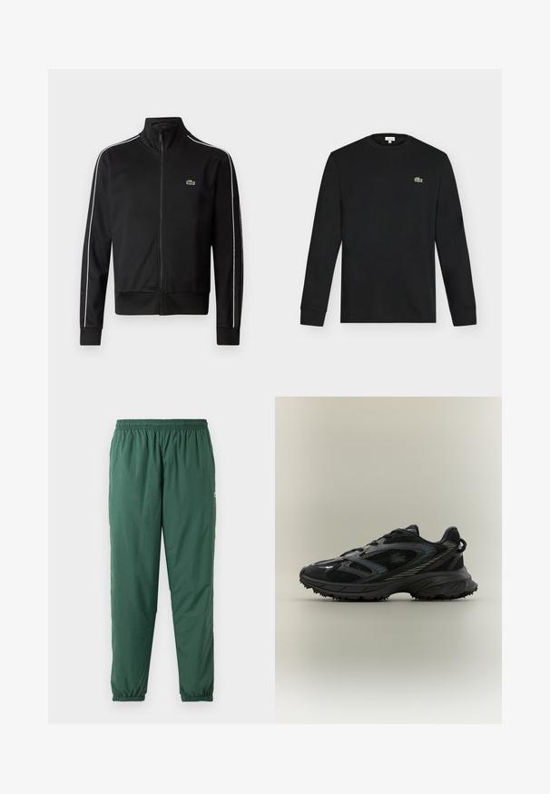 Sort lynlås trackjakke lavet af glat stof, med hvide sidelommer og et lille grønt logo på brystet. Høj krave-design.; Sort langærmet crew neck skjorte med lille grønt krokodillelogo på venstre bryst, vist mod en ensartet lys baggrund.; Grønne, lette, elastiske bukser med en rynket talje og manchetter, lavet af et glat, vandafvisende materiale.; Sort atletisk sko med meshpaneler, en tekstureret sål, snørebånd og en buet silhuet med sølvfarvede accenter på siderne.