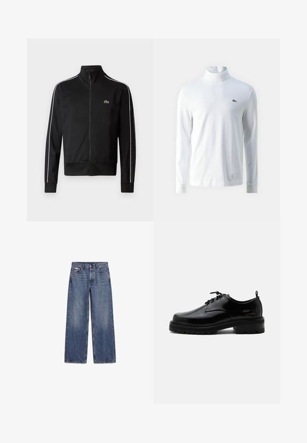 Schwarze Zip-Jacke aus glattem Stoff mit weißen Seitenstreifen und einem kleinen grünen Logo auf der Brust. Hoher Kragen.; Weißes Langarm-Turtleneck-Shirt aus weichem Stoff, mit einem kleinen grünen gestickten Logo auf der Brust und schmalen Bündchen.; Blaue Jeans mit geradem Bein, Vordertaschen, Gürtelschlaufen und Knopfverschluss, flach auf weißem Hintergrund liegend.; Schwarzer polierter Lederschnürschuh mit dicker Gummisohle und niedrigem Absatz, seitlichem Marken-Schriftzug "SAMSOE" und hinterer Zuglasche.
