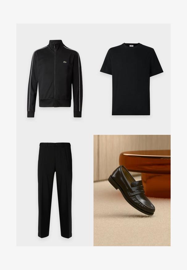Zwarte zip-up sportjas van gladde stof, met witte zijstrepen en een klein groen logo op de borst. Hoge kraagontwerp.; Eenzwarte korte mouwen T-shirt met ronde hals, plat weergegeven tegen een witte achtergrond, met een klein merkje binnenin de kraag.; Zwarte broek van gladde stof, met een rechte snit, twee voorzakken en een ritssluiting met knoopsluiting.; Glanzende zwarte leren loafer met een banddetail, geplaatst op een beige tapijt naast een ronde bruine salontafel in een zacht verlichte kamer.
