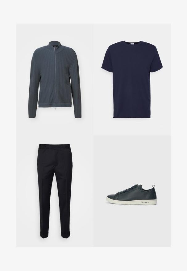 Emporio Armani CARDIGAN - Kardigan - woodland gray; Tumedat sinine lühikeste varrukatega t-särk, mis on valmistatud pehmest kangast. Omab ümarat kaelust ja sirget lõiget, ilma mustrite või aktsentideta.; Mustad püksid kerge kangaga, elastse vöökoha, küljetaskute ja keeratud varrukaotsadega. Sile tekstuur esiplekkidega.; Tumedat mereeritud nahast tossud sujuva viimistlusega, ümmarguse varbaga, kuue silmaauguga sidumise ja kontrastse valge kummist tallaga. Küljes on brändi logo.