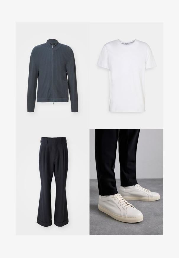 Emporio Armani CARDIGAN - Kardigan - woodland gray; Valge lühikeste varrukatega T-särk, mis on valmistatud puuvillast. Omab ümarat kaelust ja mugavat lõike, ilma nähtavate mustrite või aktsentideta.; Mustade kohandatud püksid, millel on lõdvem istuvus, volditud esiosa ja laiad jalad. Omab keeratud ääriseid ja siledat kangateksti.; Kergedbežsest nahkkingad lamepaeltega, reljeefse pinnaga ja kontrastse kreemivärvi kummitallaga, kombineeritud mustade kitsaste pükstega.