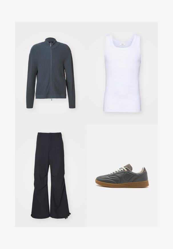 Emporio Armani CARDIGAN - Cardigan - woodland gray; White cotton sleeveless tank top with a round neckline, featuring a smooth texture and a fitting shape, designed for casual wear.; Navy blue wide-leg pants featuring a smooth fabric, two front pockets, and drawstring accents at the hem. Clean, tailored design with no embellishments.; Dark gray leather sneaker with a round toe, white laces, tan rubber sole, and subtle gray fabric accents at the collar. Gold logo detail.
