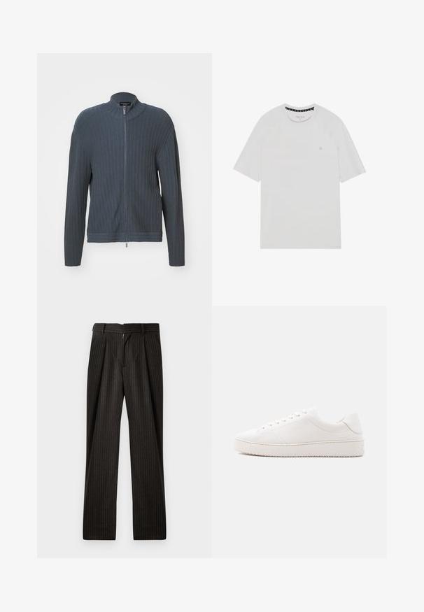 Emporio Armani CARDIGAN - Neuletakki - woodland gray; Valkoinen lyhythihainen t-paita pyöreällä kaula-aukolla, jossa on raglan-hihat, huomaamaton logo rinnassa ja kontrastivärinen kaula-aukko.; Tummat raidoitetut housut, joissa on pleat-edestä, valmistettu teksturoidusta kankaasta. Varusteena vyötärö ja suoranlahkeinen malli.; Valkoinen nahkainen lenkkari, jossa on sileä viimeistely, pyöreä kärki, kuuden reiän nauhoitus ja kuvioitu kumipohja. Minimalistinen muotoilu ilman kuvioita.